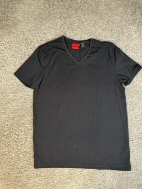 HUGO Shirt Mens XL Black V-Neck Logo Cotton Spandex Slim Fit Jersey Classic